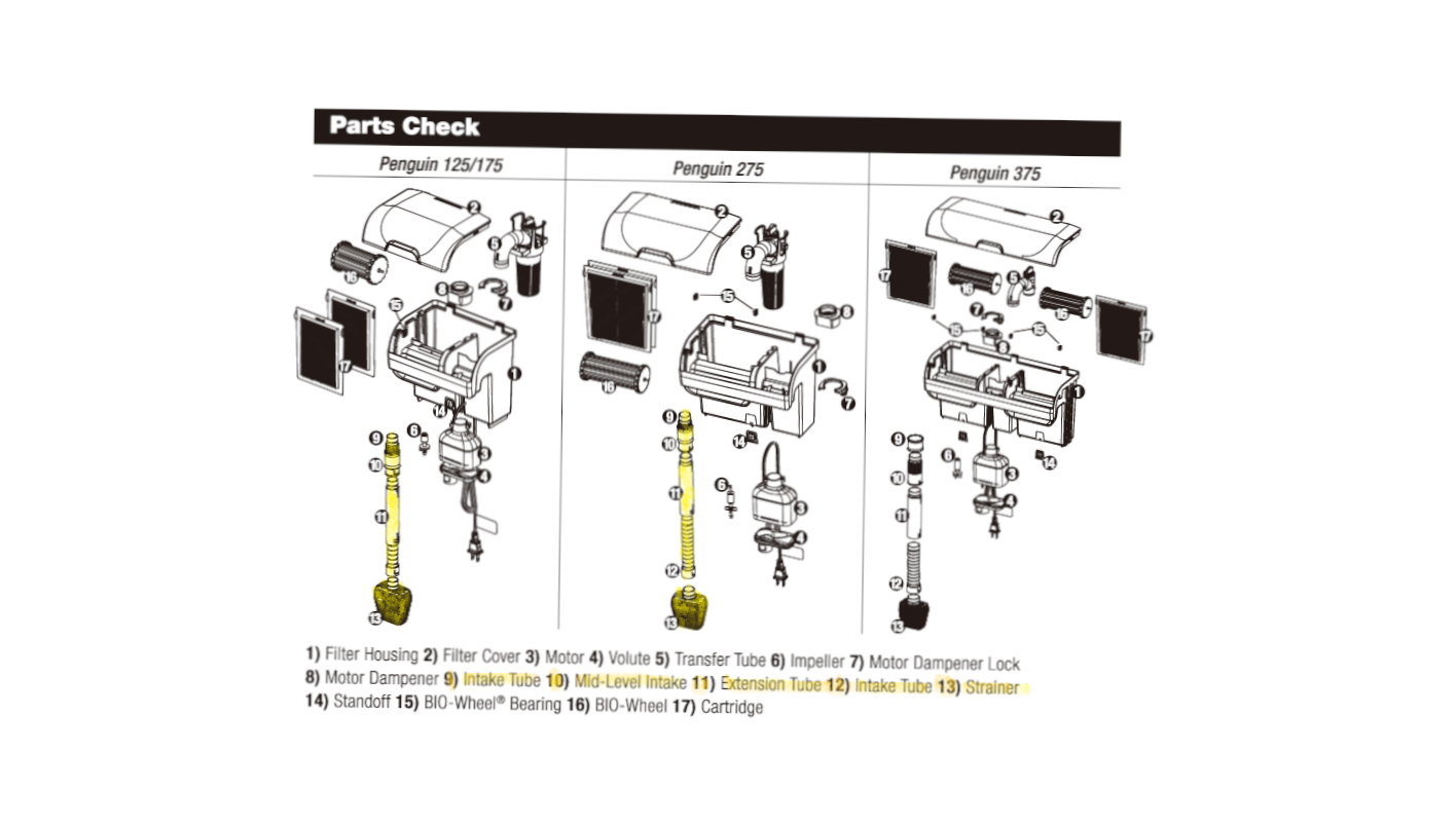 Marineland Penguin Pro 125 & 175 Intake Tube Assembly Part AQ-78255