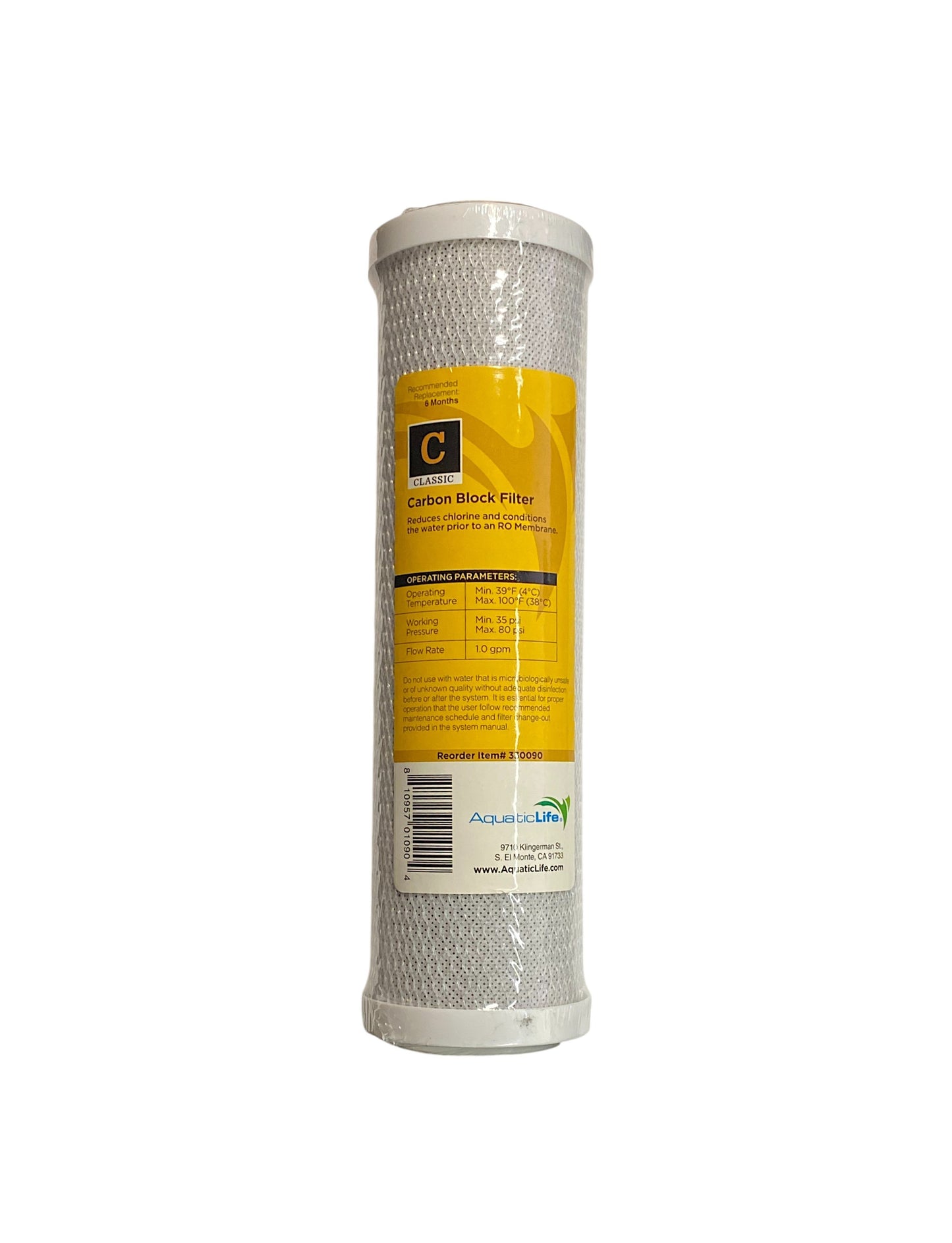 AquaticLife RO System 5 Micron Solid Carbon Block Cartridge Part # 330090