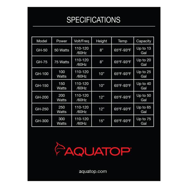 Aquatop 75 watt Submersible Glass Heater Part # GH-75