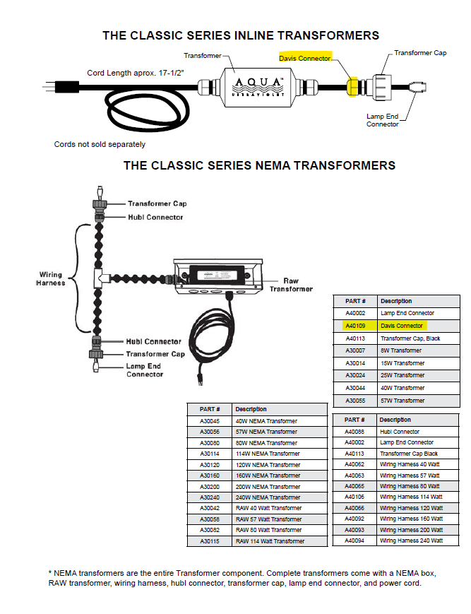 Aqua Ultraviolet Classic Series Davis Connector Part# A40349