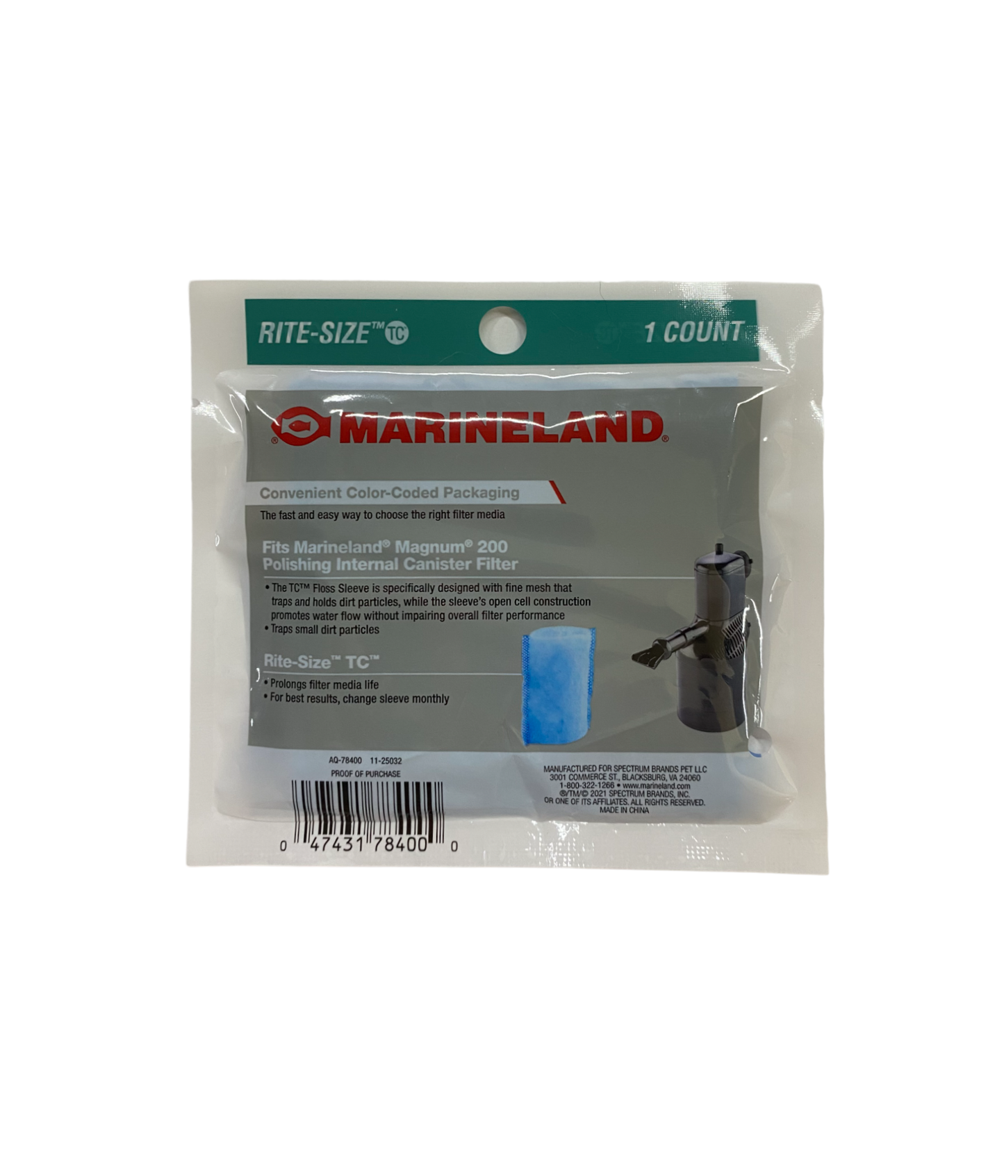 Marineland Rite-Size TC Floss Sleeve Magnum 200 Internal Filter Part# AQ78400